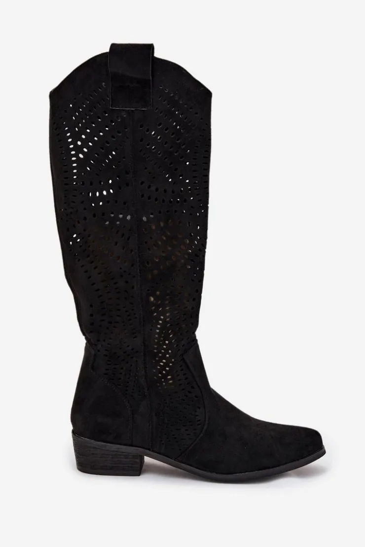 Boto Kozaki Ocieplane|Kozaki Ażurowe*Ażurowe Kozaki Damskie Na Klocku Przed Kolano Czarne Fioris