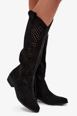 Boto Kozaki Ocieplane|Kozaki Ażurowe*Ażurowe Kozaki Damskie Na Klocku Przed Kolano Czarne Fioris