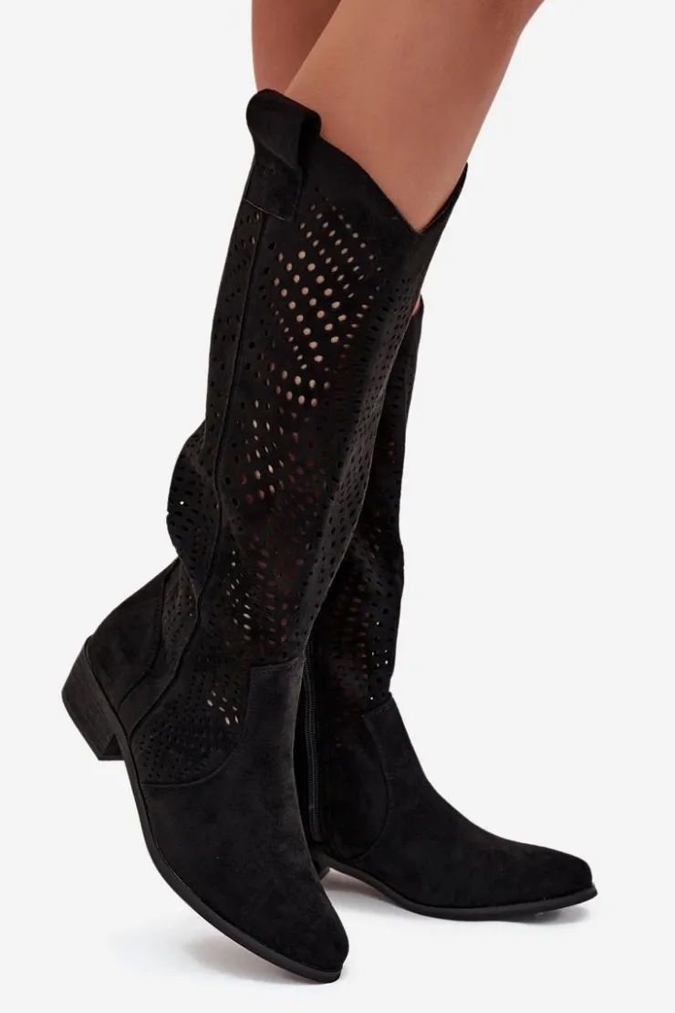 Boto Kozaki Ocieplane|Kozaki Ażurowe*Ażurowe Kozaki Damskie Na Klocku Przed Kolano Czarne Fioris