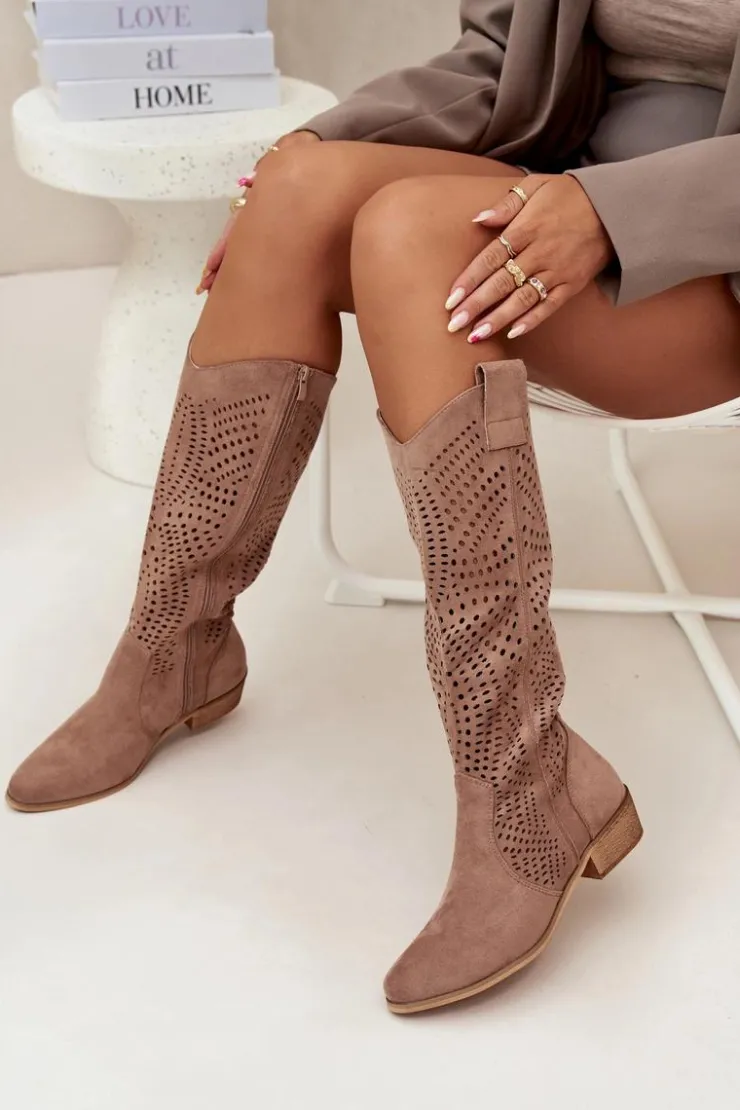 Boto Ażurowe Kozaki Damskie Na Klocku Przed Kolano Beżowe Fioris