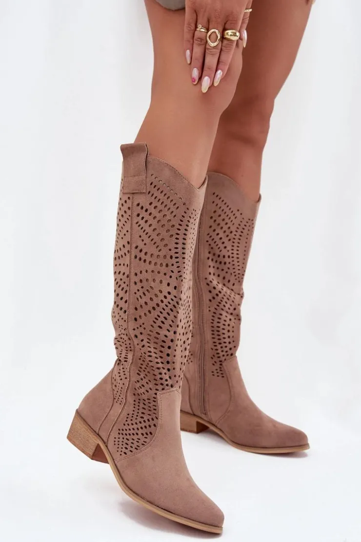 Boto Ażurowe Kozaki Damskie Na Klocku Przed Kolano Beżowe Fioris