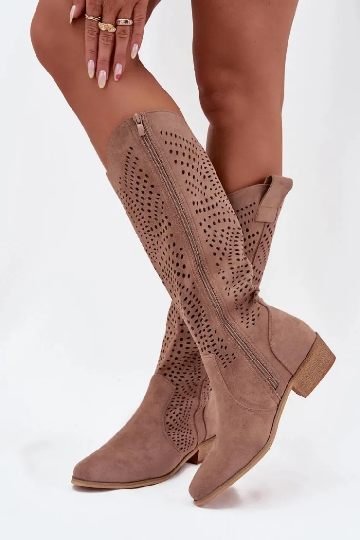 Boto Ażurowe Kozaki Damskie Na Klocku Przed Kolano Beżowe Fioris
