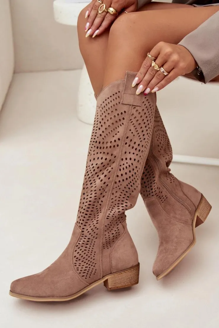 Boto Ażurowe Kozaki Damskie Na Klocku Przed Kolano Beżowe Fioris