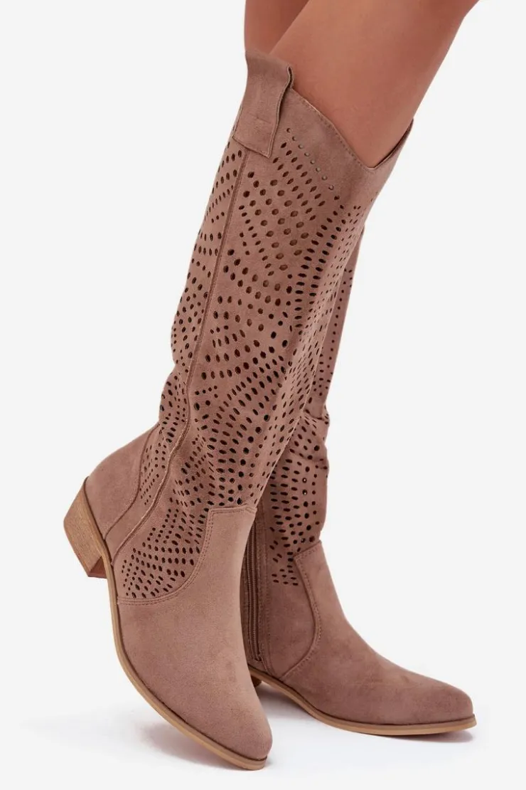 Boto Ażurowe Kozaki Damskie Na Klocku Przed Kolano Beżowe Fioris