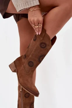 Clearance Zazoo Ażurowe Kozaki Damskie Z Naturalnego Zamszu Na Klocku 3793 Brązowe