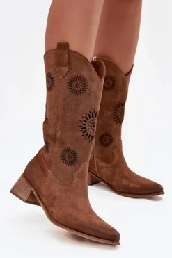 Clearance Zazoo Ażurowe Kozaki Damskie Z Naturalnego Zamszu Na Klocku 3793 Brązowe