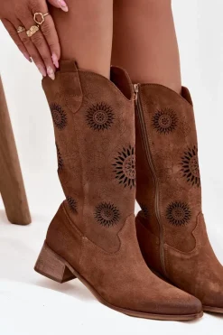 Clearance Zazoo Ażurowe Kozaki Damskie Z Naturalnego Zamszu Na Klocku 3793 Brązowe