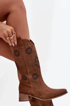 Clearance Zazoo Ażurowe Kozaki Damskie Z Naturalnego Zamszu Na Klocku 3793 Brązowe