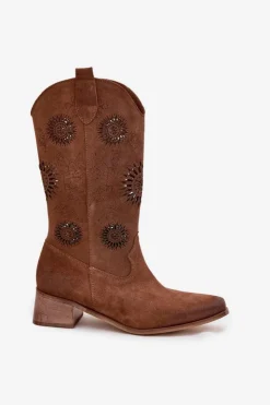 Clearance Zazoo Ażurowe Kozaki Damskie Z Naturalnego Zamszu Na Klocku 3793 Brązowe