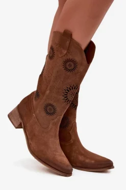 Clearance Zazoo Ażurowe Kozaki Damskie Z Naturalnego Zamszu Na Klocku 3793 Brązowe