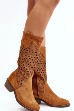 Boto Kozaki Wiosenne|Kozaki Ażurowe*Ażurowe Kozaki Damskie Zamszowe Na Niskim Obcasie Camel Ndulu