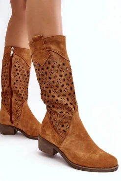 Boto Kozaki Wiosenne|Kozaki Ażurowe*Ażurowe Kozaki Damskie Zamszowe Na Niskim Obcasie Camel Ndulu