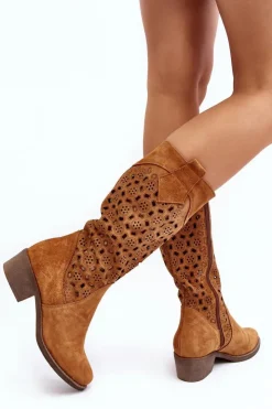 Boto Kozaki Wiosenne|Kozaki Ażurowe*Ażurowe Kozaki Damskie Zamszowe Na Niskim Obcasie Camel Ndulu