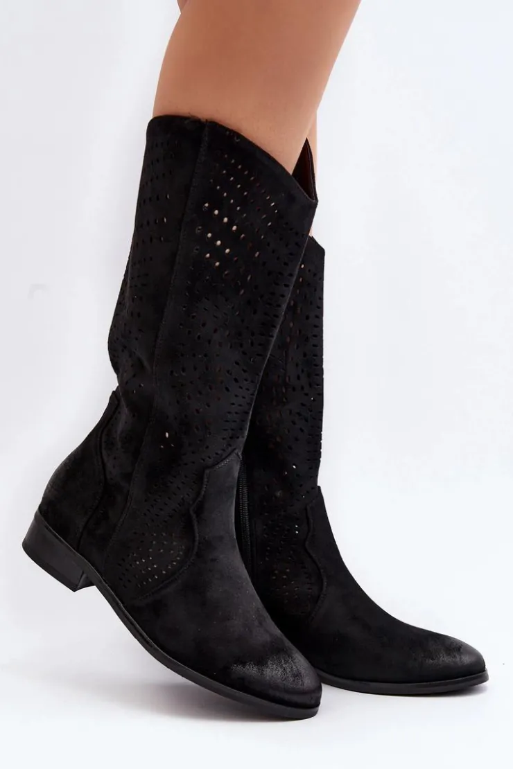 Damskie Buty damskie Vinceza Ażurowe Kozaki Do Połowy Łydki Czarne Kleorelia