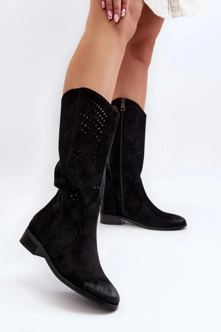 Damskie Buty damskie Vinceza Ażurowe Kozaki Do Połowy Łydki Czarne Kleorelia