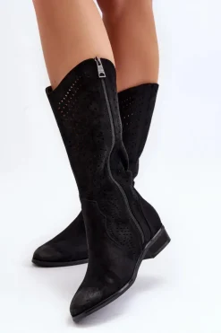 Damskie Buty damskie Vinceza Ażurowe Kozaki Do Połowy Łydki Czarne Kleorelia