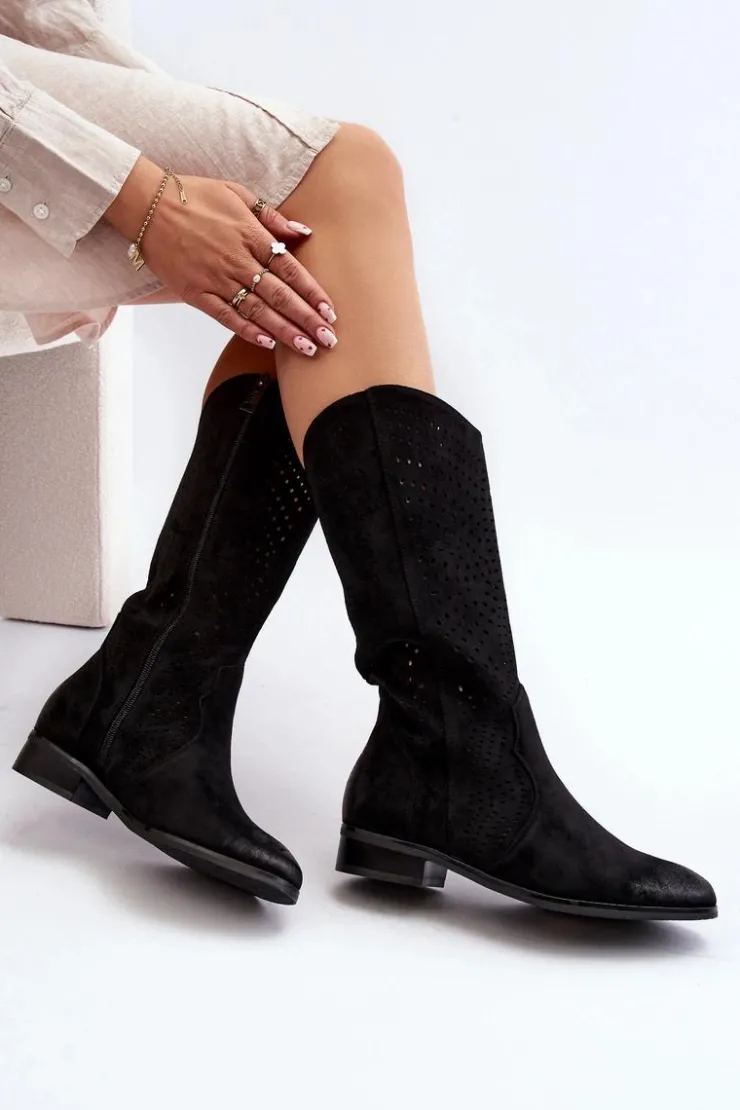 Damskie Buty damskie Vinceza Ażurowe Kozaki Do Połowy Łydki Czarne Kleorelia