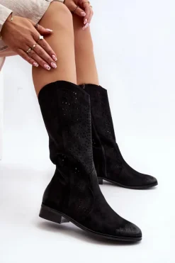 Damskie Buty damskie Vinceza Ażurowe Kozaki Do Połowy Łydki Czarne Kleorelia