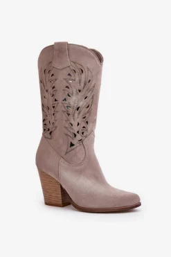 Boto Kozaki Na Słupku|Kozaki Ażurowe*Ażurowe Kozaki Do Połowy Łydki Na Słupku Zamszowe Lewski 3609 Cappucino Beżowy