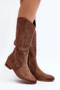 Damskie Buty damskie Vinceza Ażurowe Kozaki Do Połowy Łydki Brązowe Kleorelia