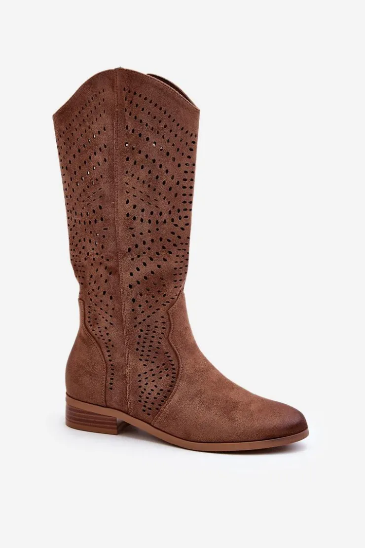 Damskie Buty damskie Vinceza Ażurowe Kozaki Do Połowy Łydki Brązowe Kleorelia