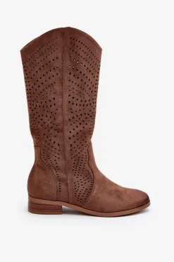 Damskie Buty damskie Vinceza Ażurowe Kozaki Do Połowy Łydki Brązowe Kleorelia