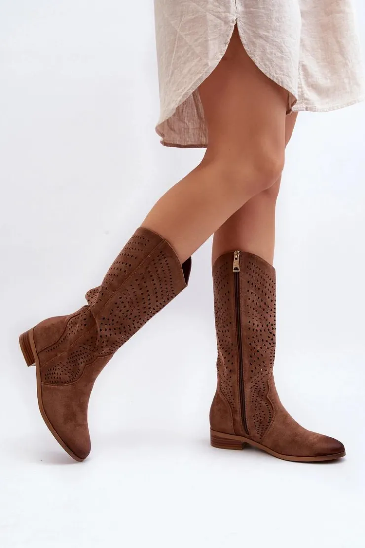 Damskie Buty damskie Vinceza Ażurowe Kozaki Do Połowy Łydki Brązowe Kleorelia