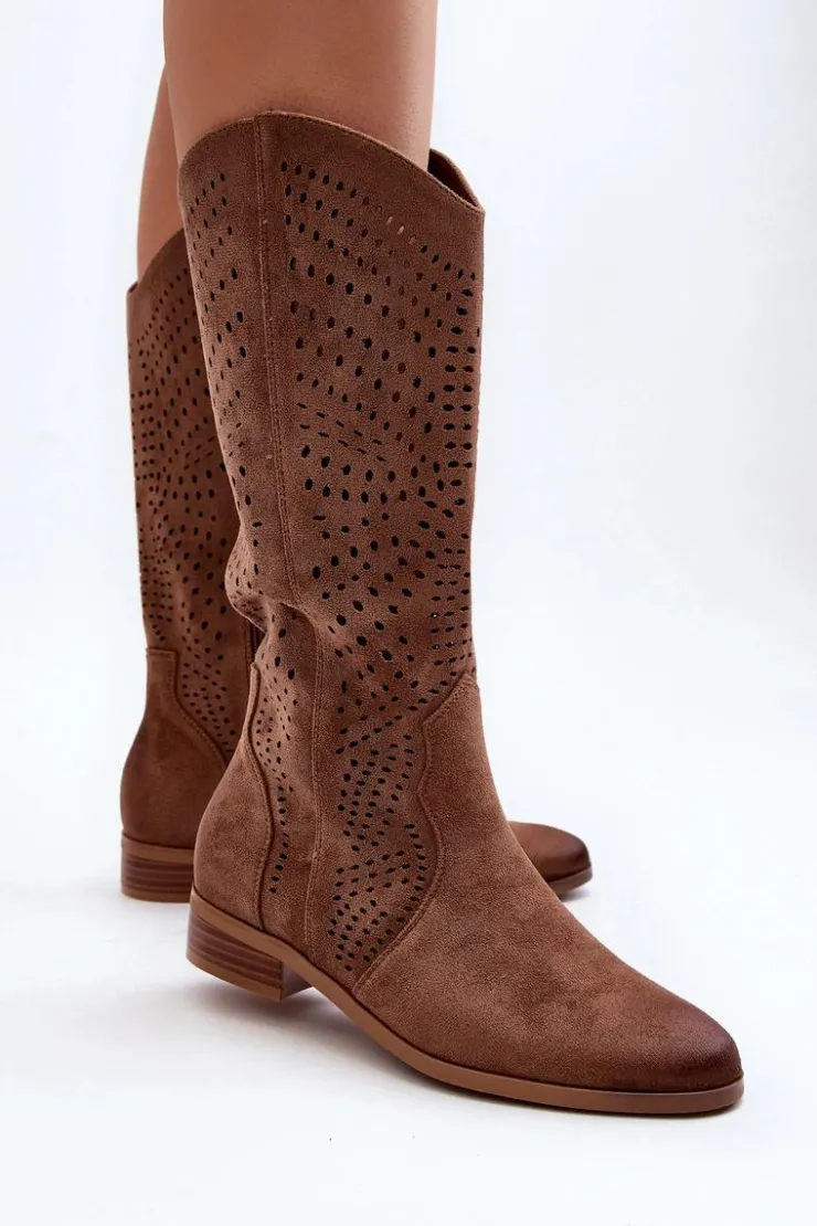 Damskie Buty damskie Vinceza Ażurowe Kozaki Do Połowy Łydki Brązowe Kleorelia