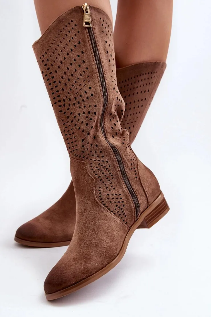Damskie Buty damskie Vinceza Ażurowe Kozaki Do Połowy Łydki Brązowe Kleorelia