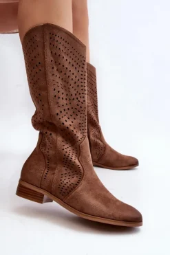 Damskie Buty damskie Vinceza Ażurowe Kozaki Do Połowy Łydki Brązowe Kleorelia