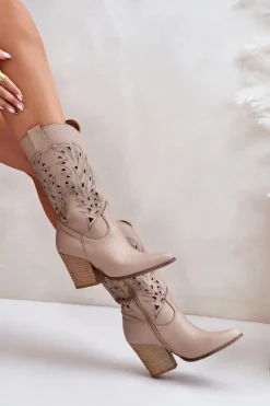Boto Kozaki Ażurowe|Kozaki Na Obcasie*Ażurowe Kozaki Do Połowy Łydki Na Słupku Skórzane Lewski 3609 Beżowe