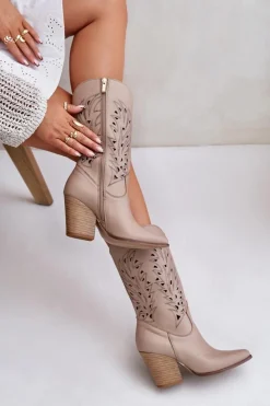 Boto Kozaki Ażurowe|Kozaki Na Obcasie*Ażurowe Kozaki Do Połowy Łydki Na Słupku Skórzane Lewski 3609 Beżowe