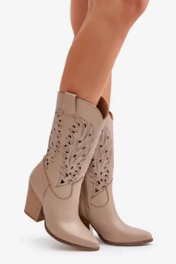 Boto Kozaki Ażurowe|Kozaki Na Obcasie*Ażurowe Kozaki Do Połowy Łydki Na Słupku Skórzane Lewski 3609 Beżowe