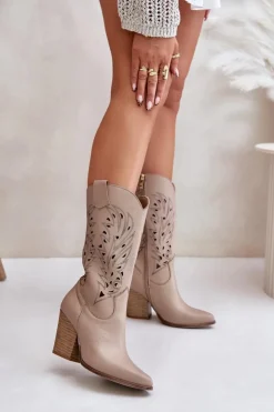 Boto Kozaki Ażurowe|Kozaki Na Obcasie*Ażurowe Kozaki Do Połowy Łydki Na Słupku Skórzane Lewski 3609 Beżowe