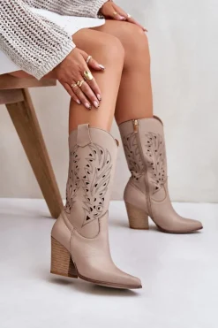 Boto Kozaki Ażurowe|Kozaki Na Obcasie*Ażurowe Kozaki Do Połowy Łydki Na Słupku Skórzane Lewski 3609 Beżowe