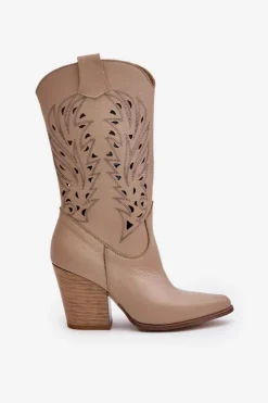 Boto Kozaki Ażurowe|Kozaki Na Obcasie*Ażurowe Kozaki Do Połowy Łydki Na Słupku Skórzane Lewski 3609 Beżowe