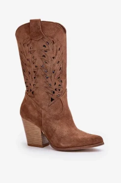 Damskie Boto Ażurowe Kozaki Do Połowy Łydki Na Słupku Zamszowe Lewski 3609 Brązowe