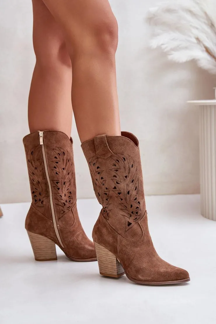 Damskie Boto Ażurowe Kozaki Do Połowy Łydki Na Słupku Zamszowe Lewski 3609 Brązowe