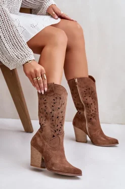 Damskie Boto Ażurowe Kozaki Do Połowy Łydki Na Słupku Zamszowe Lewski 3609 Brązowe