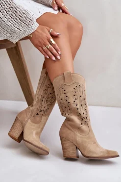 Online Boto Ażurowe Kozaki Do Połowy Łydki Na Słupku Zamszowe Lewski 3609 Beżowe