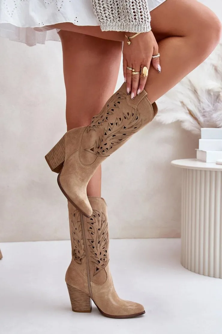 Online Boto Ażurowe Kozaki Do Połowy Łydki Na Słupku Zamszowe Lewski 3609 Beżowe
