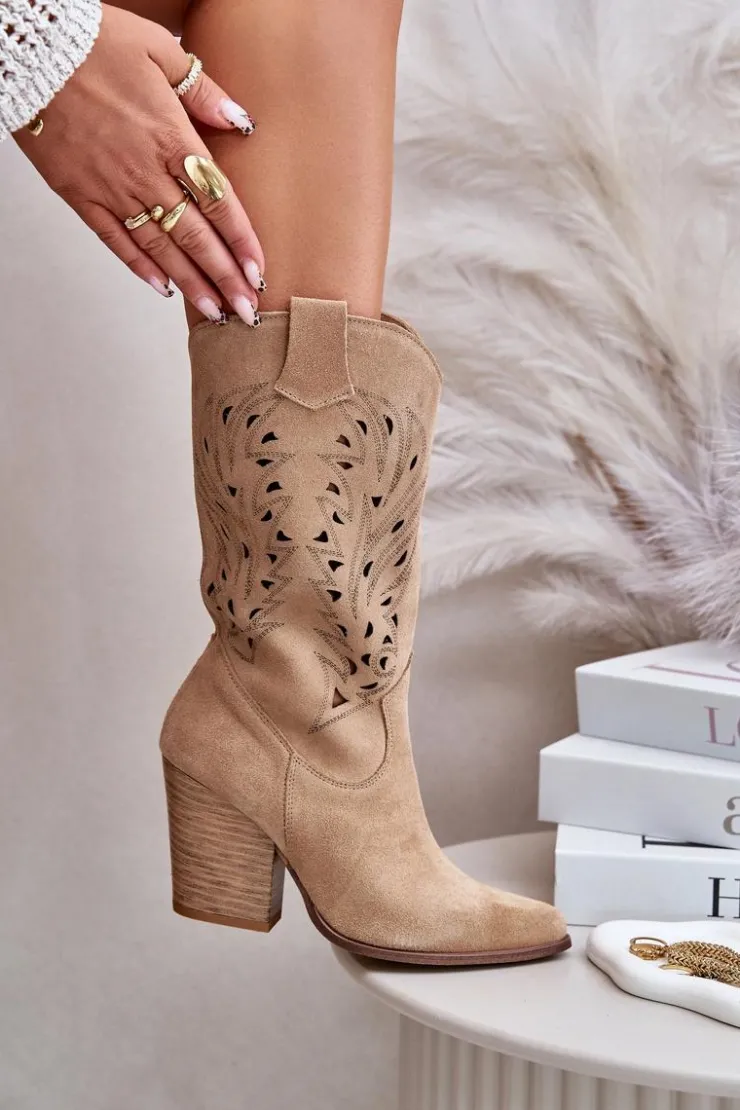 Online Boto Ażurowe Kozaki Do Połowy Łydki Na Słupku Zamszowe Lewski 3609 Beżowe