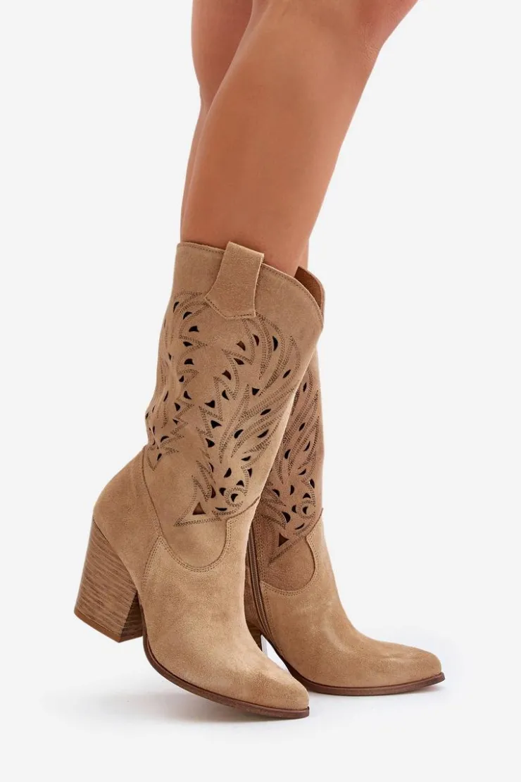 Online Boto Ażurowe Kozaki Do Połowy Łydki Na Słupku Zamszowe Lewski 3609 Beżowe