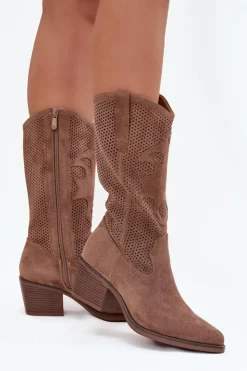 Online Boto Ażurowe Kozaki Kowbojki Damskie Na Obcasie Ciemnobeżowe Olivette