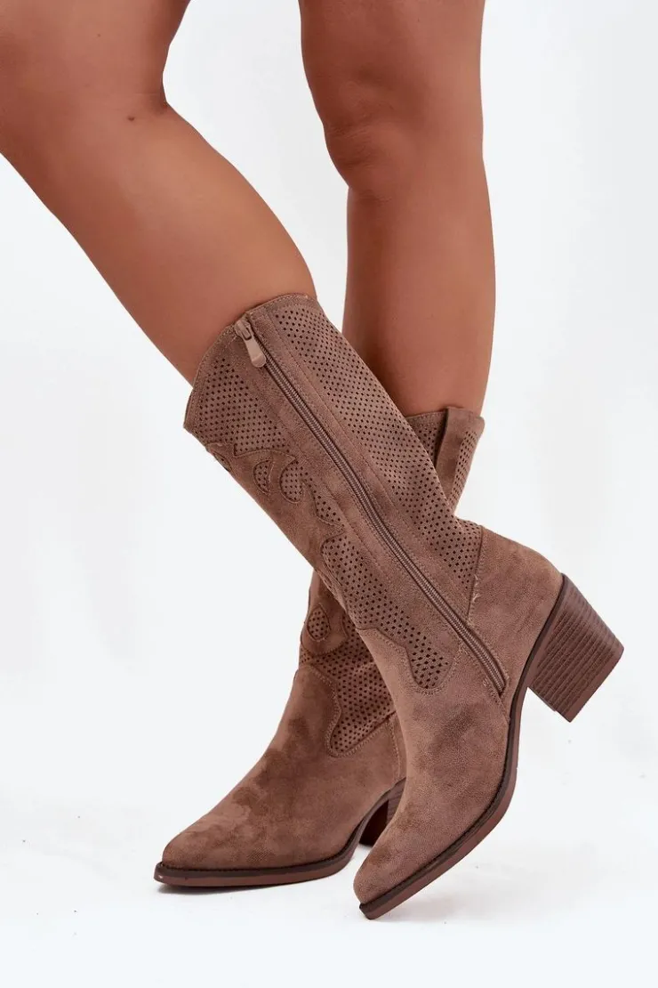 Online Boto Ażurowe Kozaki Kowbojki Damskie Na Obcasie Ciemnobeżowe Olivette