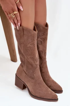 Online Boto Ażurowe Kozaki Kowbojki Damskie Na Obcasie Ciemnobeżowe Olivette