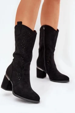 Discount Damskie buty S.Barski Ażurowe Kozaki Kowbojki Do Połowy Łydki S.Barski HY51-238 Czarne Czarny