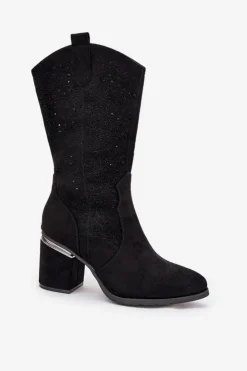 Discount Damskie buty S.Barski Ażurowe Kozaki Kowbojki Do Połowy Łydki S.Barski HY51-238 Czarne Czarny