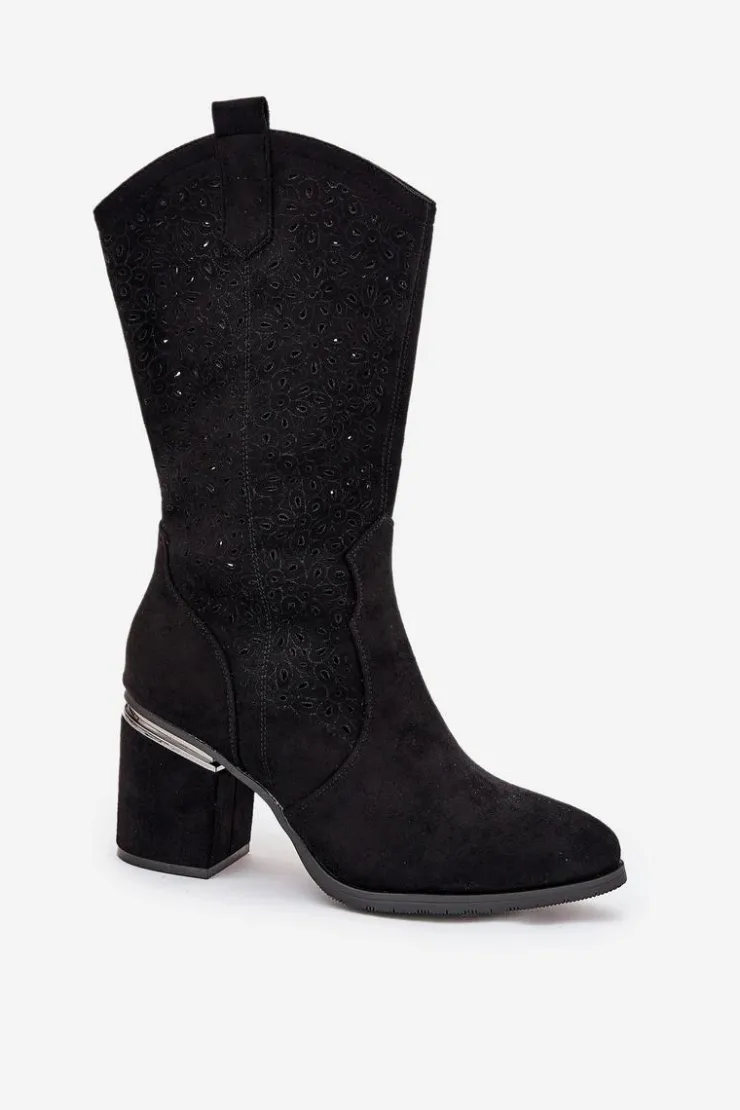 Discount Damskie buty S.Barski Ażurowe Kozaki Kowbojki Do Połowy Łydki S.Barski HY51-238 Czarne Czarny