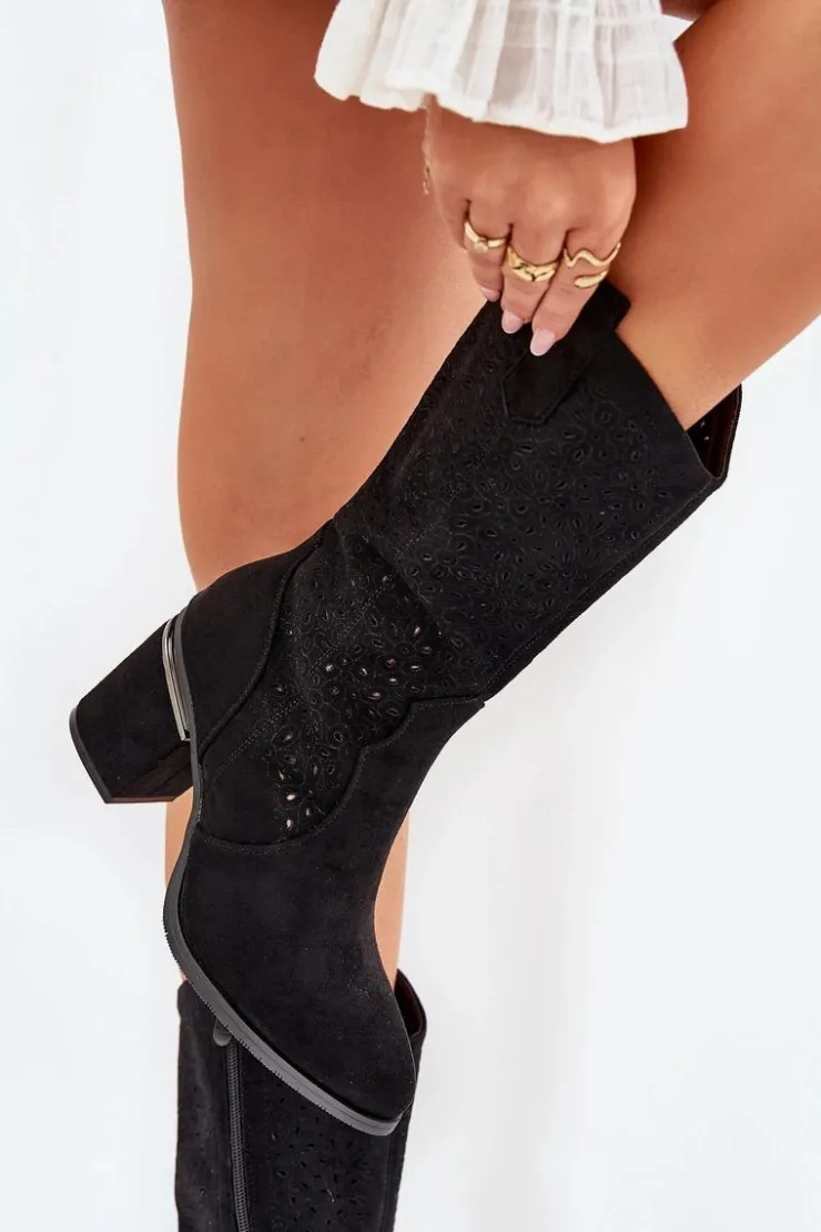 Discount Damskie buty S.Barski Ażurowe Kozaki Kowbojki Do Połowy Łydki S.Barski HY51-238 Czarne Czarny